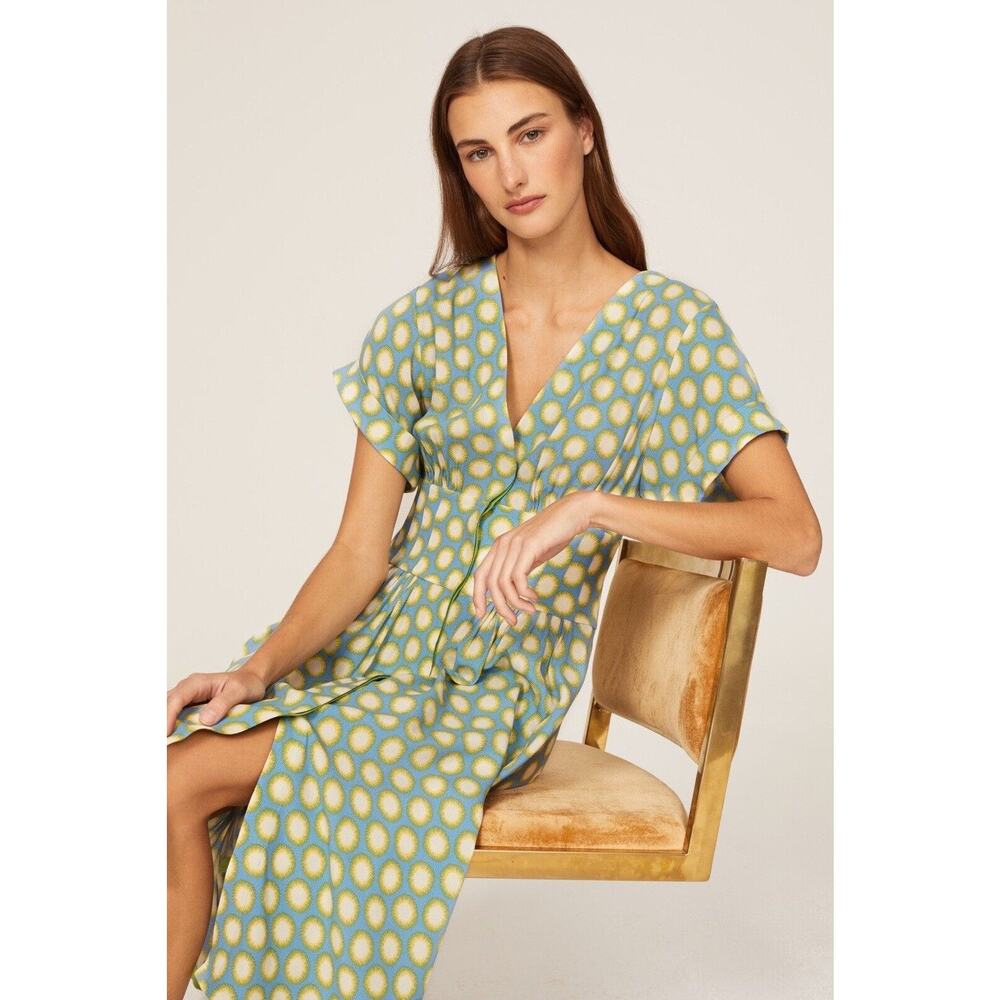 Diane Von Furstenberg DVF Marge Printed Midi V Neck Shirt Dress Blue Green 4